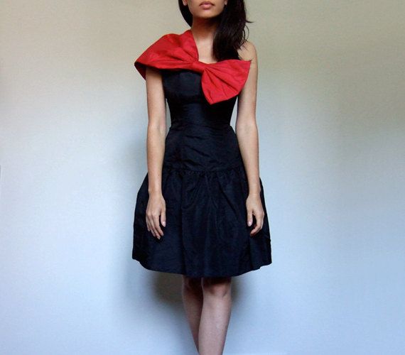 80s Prom Dress Red Black Bow Dress One Shoulder LBD Party Dress .