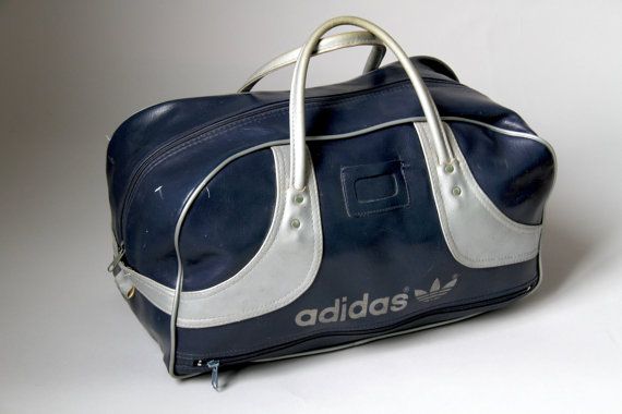 Vintage retro 70s Blue Grey vinyl Adidas gym bag sport by HAULHOME .