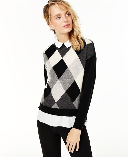 Charter Club Argyle Cashmere Layered-Look Sweater, Regular .