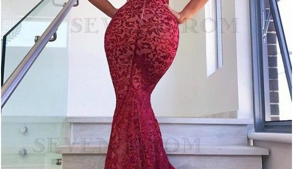 Mermaid Spaghetti Straps Backless Sweep Train Dark Red Lace Prom .