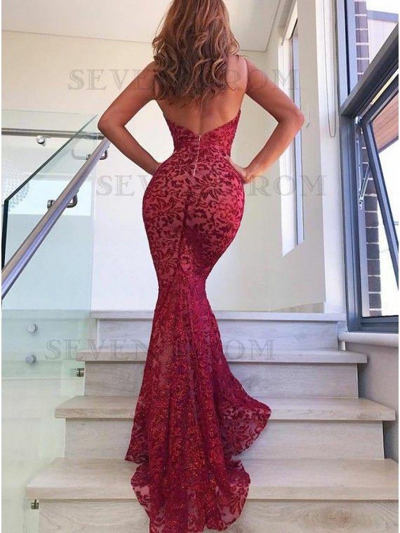 Mermaid Spaghetti Straps Backless Sweep Train Dark Red Lace Prom .