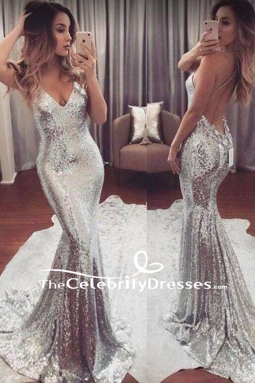 Silver Sequins Mermaid Backless Prom Dress - TheCelebrityDress