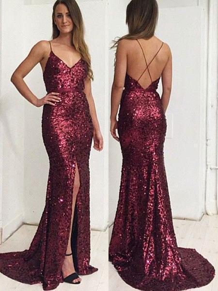 Gold Mermaid Prom Dresses with Slit Backless Formal Dresses .