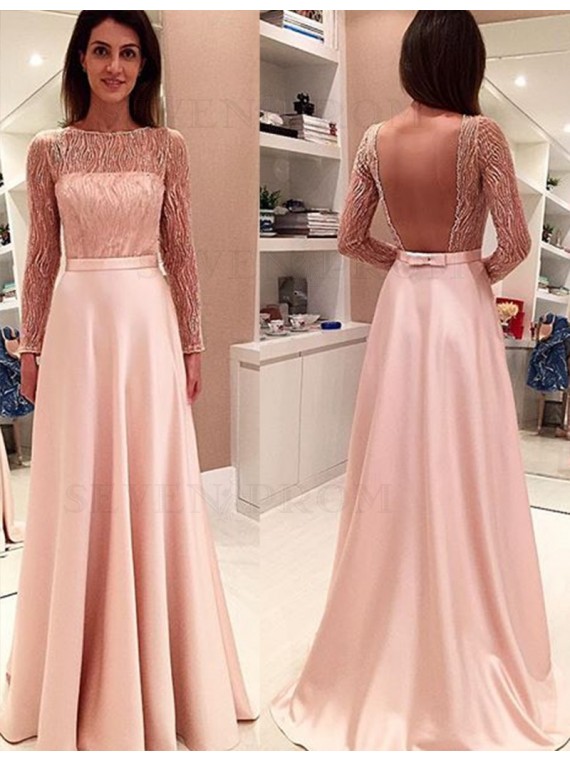 Buy Pink Bateau Long Sleeves Backless Prom Dress with Lace Bowknot .