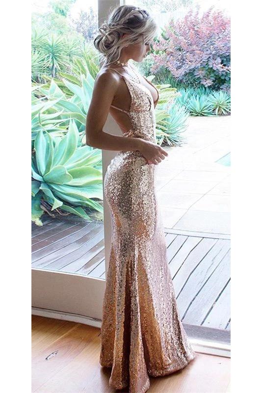 Sexy Sequined Mermaid Backless Prom Dress, Rose Gold Floor Length .