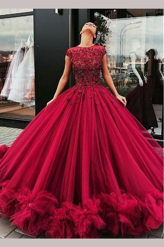 2018 Chic Ball Gowns Prom Dresses Scoop Burgundy Long Prom Dress .