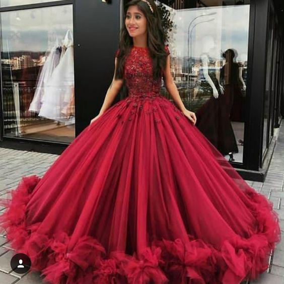 2018 Chic Ball Gowns Prom Dresses Scoop Burgundy Long Prom Dress .