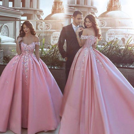 Ball Gown Pink Off Shoulders Wedding Dress,Ball Gown Prom Dress .
