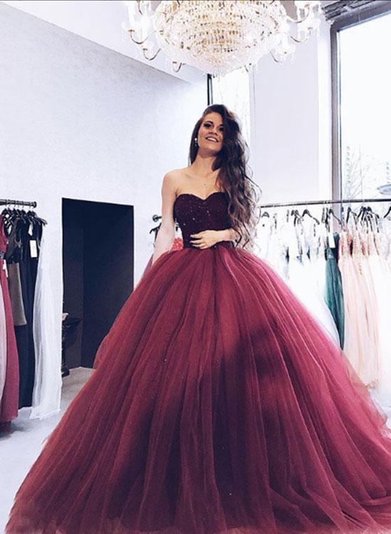 Ball Gown Evening Dress Prom Dress Burgundy Tulle Long Evening .