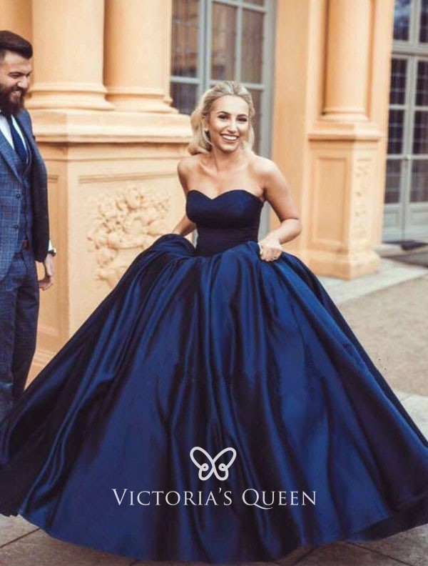 Solid Navy Blue Satin Corset Quinceañera Ball Gown -