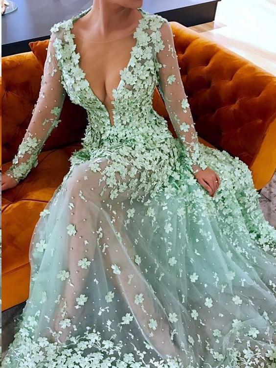 Beautiful Prom Dresses A-line Floral Lace Sage See | DRE