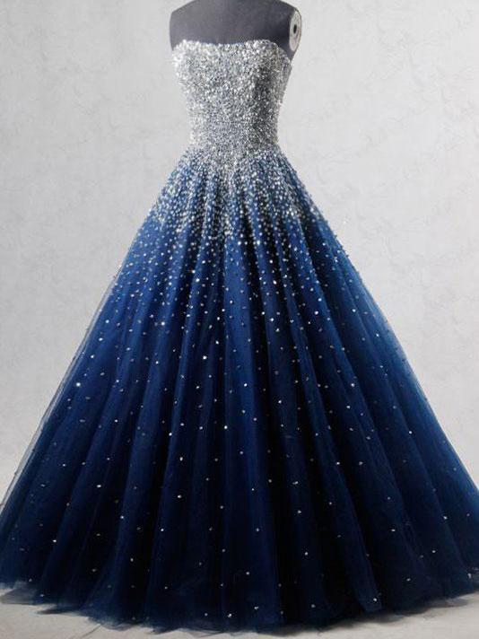 Sparkly Prom Dresses Strapless Dark Navy Sequins Long Beautiful .