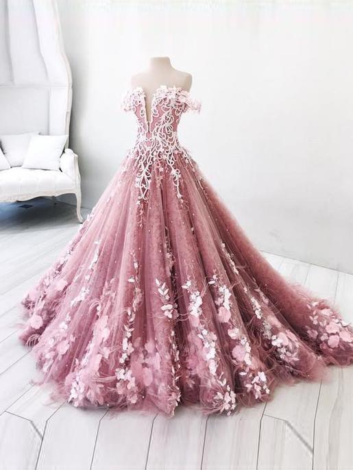 Beautiful Prom Dress A-line Off-the-shoulder Lace Floral Elegant .