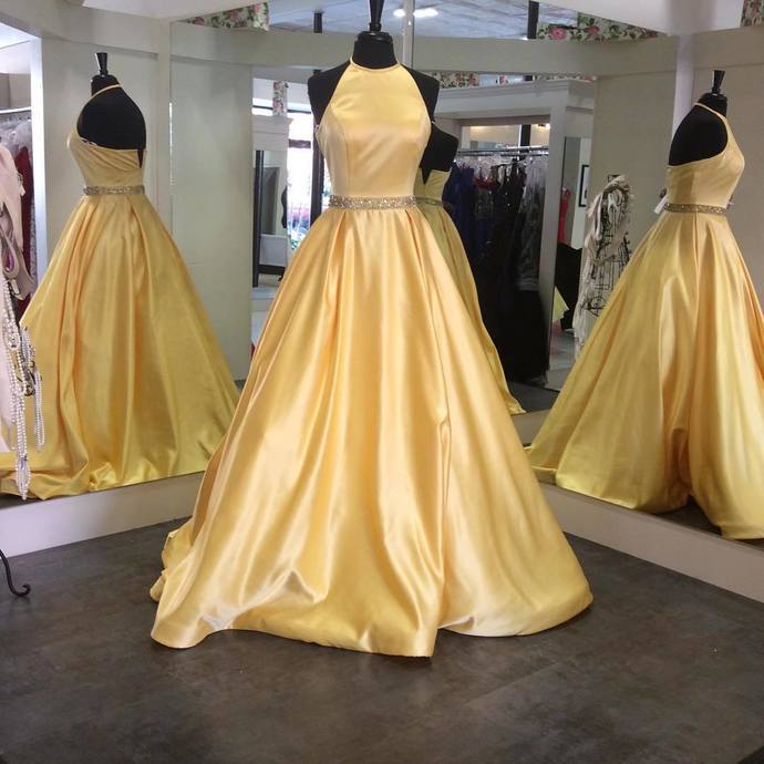 Satin Gold Halter Long Prom Dresses Yellow With Beads Best Prom .