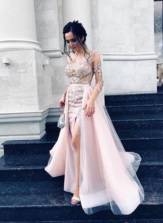 Pink Tulle Long Sleeves Elegant Lace Best Prom Dresses Appliques .