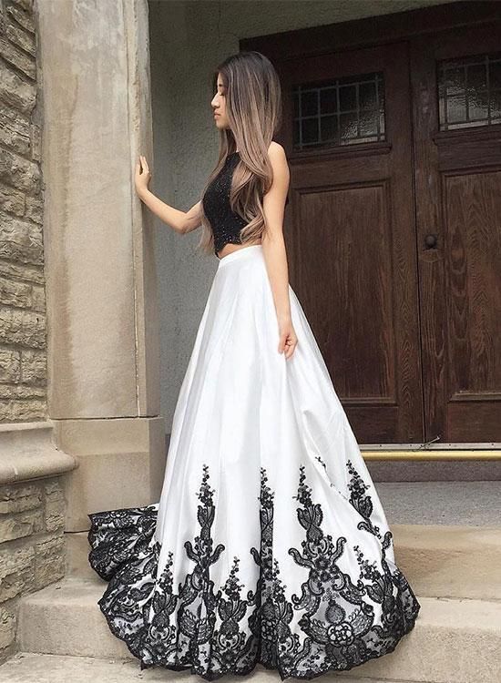 Petite Black And White Lace Long Prom Dress, Two Pieces Evening .