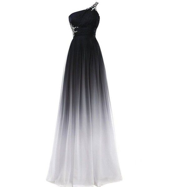 Beaded One Shoulder Black and White Long A Line Gradient Chiffon .