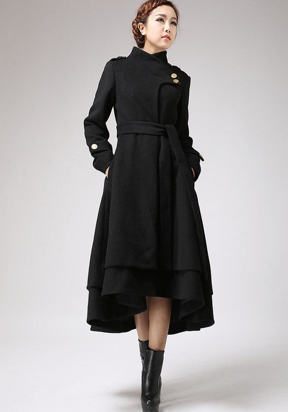 Wool coat women, black coat, long coat, warm jacket, layered coat .