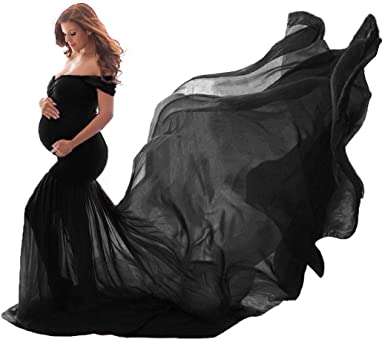 COSYOU Black Maternity Dress Off Shoulder Cotton Tops with Long .