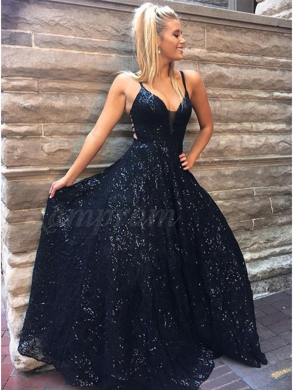 Spaghetti Straps Long Sleeveless Black Prom Dress with Sequin .