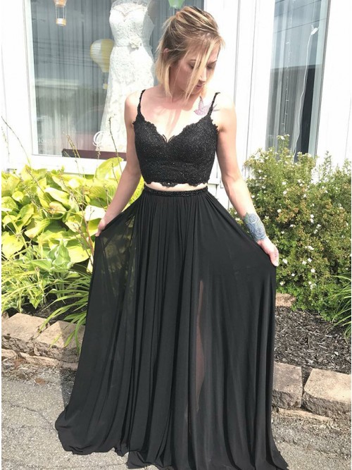 Two Piece Spaghetti Straps Black Prom Dress with Lace - $116.99 .