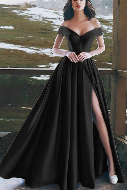 Elegant V-neck Off The Shoulder Long Satin Prom Dresses CR 901 .