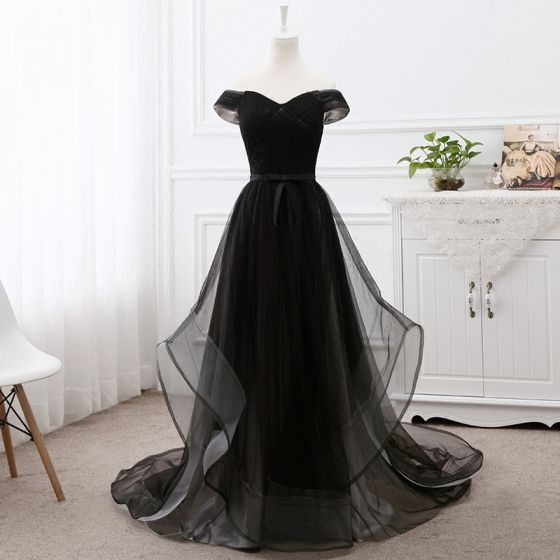 Elegant Black Prom Dresses 2019 A-Line / Princess Off-The-Shoulder .