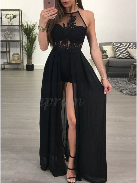 A-Line Halter Slit Leg Sexy Black Prom Dress with Lace - $109.69 .