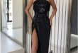 Sheath Strapless Floor-Length Black Sequined Prom Dress with Split .