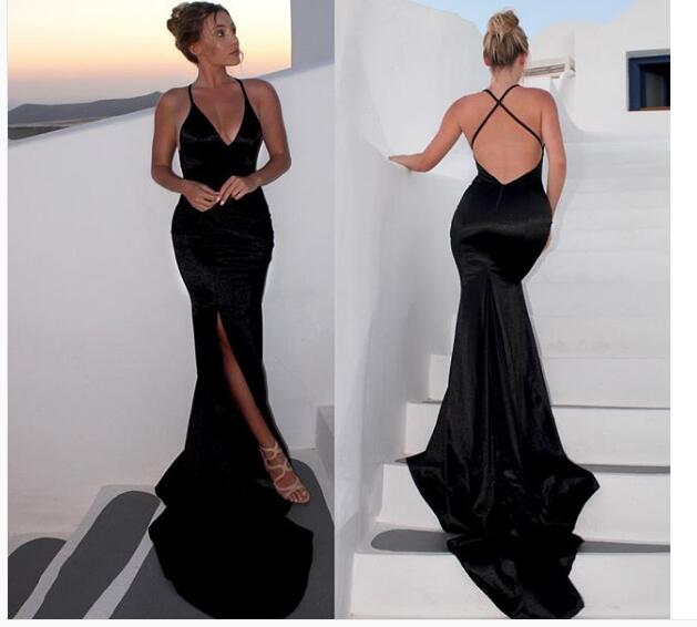 Mermaid Black Prom Dress, V-neck Satin Prom Dresses, Backless Long .