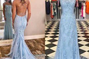 Light Blue Spaghetti Straps Prom Dress, Mermaid Lace Appliqued .