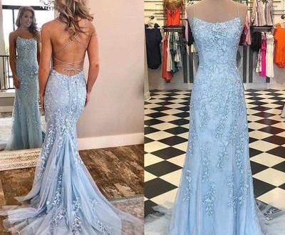 Light Blue Spaghetti Straps Prom Dress, Mermaid Lace Appliqued .