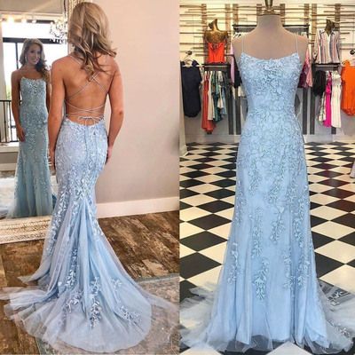 Light Blue Spaghetti Straps Prom Dress, Mermaid Lace Appliqued .