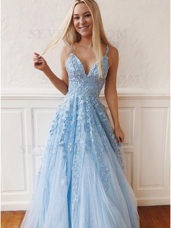 Buy Spaghetti Straps Light Blue Prom Dress with Appliques .