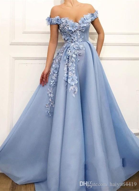 Sexy Light Sky Blue Prom Dresses Off Shoulder Lace Appliques Hade .