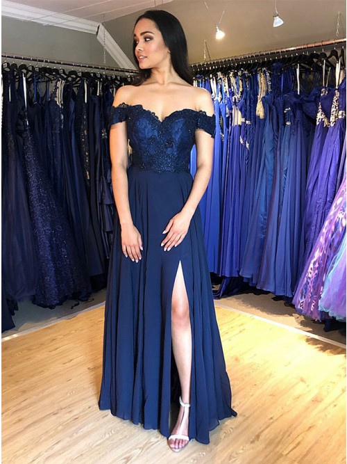 A-Line Off-the-Shoulder Long Dark Blue Prom Dress - $126.99 .