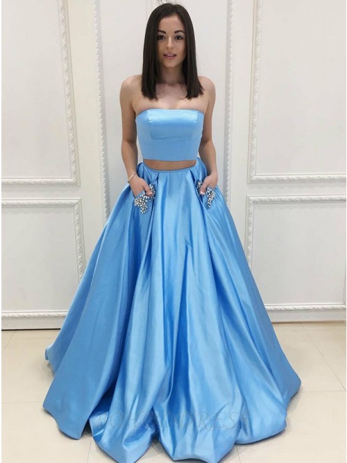 Two Piece Strapless Sweep Train Light Blue Prom Dress with Pockets .