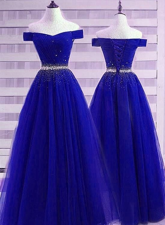 Beautiful Royal Blue Off Shoulder New Prom Dress 2020, Beaded .