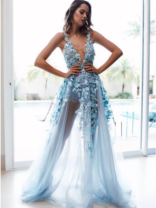 A-Line V-Neck Backless Floor-Length Light Blue Prom Dress with .