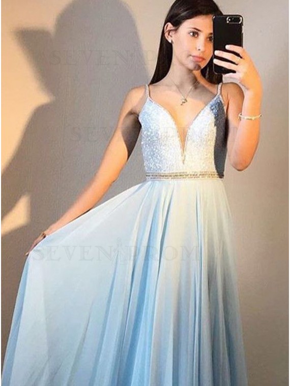 Buy A-Line Spaghetti Straps Long Chiffon Light Blue Prom Dress .