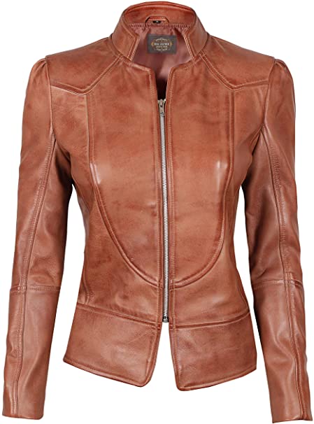Blingsoul Brown Womens Leather Jacket - Motorcycle Real Lambskin .