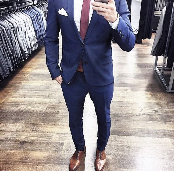 Fashionable Male Navy Blue Suit Brown Shoes Red Tie Styles .