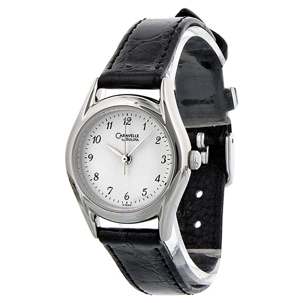 Caravelle by Bulova Silver Dial Black Leather Ladies Watch 47E02 .