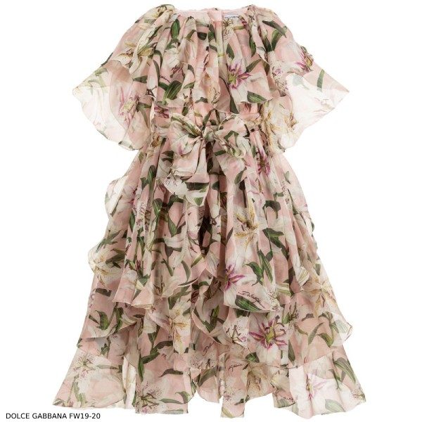 Dolce & Gabbana Girls Mini Me Pink Lily Print Silk Chiffon Dre