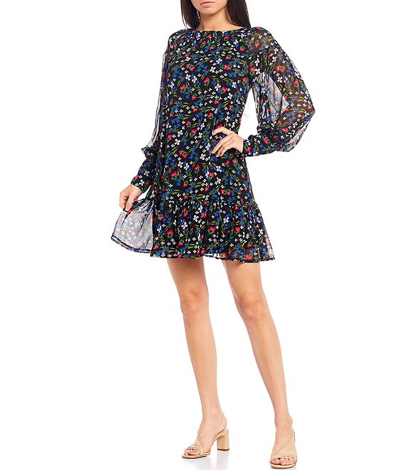 Calvin Klein Long Sleeve Floral Ruffle Chiffon Dress | Dillard