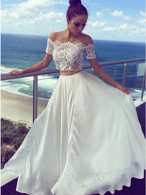 Two Piece Off-the-Shoulder White Chiffon Prom Dress with Lace .