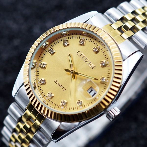 CITIZEN Men Gold Quartz Watch Stainless Steel Band Wrist Watch .