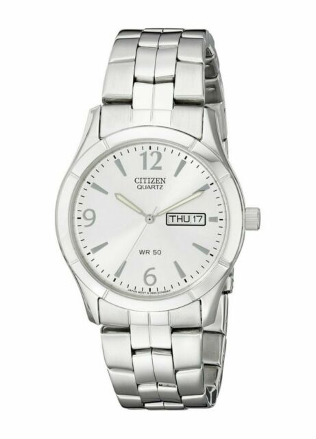 Citizen Bk3830-51a Men's Quartz Wr50 Silver Dial Day Date Steel .