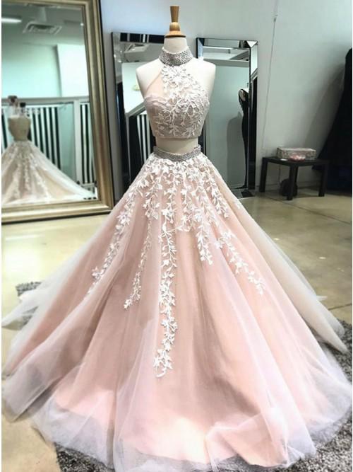 Two Pieces Prom Dresses Classy High Neck Applique Long Prom Dress .
