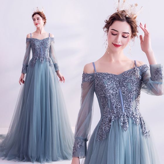 Classy Pool Blue Prom Dresses 2020 A-Line / Princess Spaghetti .